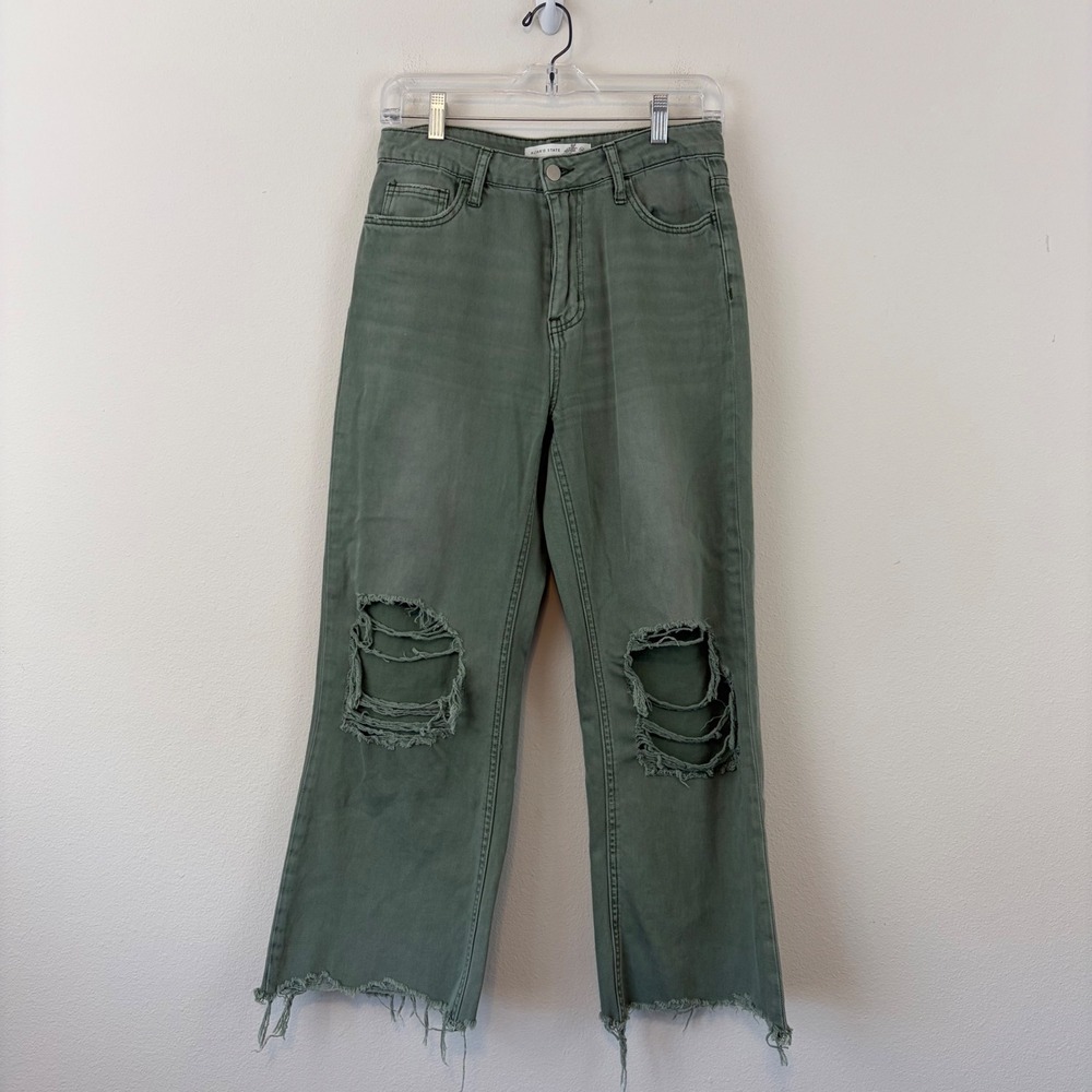 Altar'd State Womens 26 Distressed Wide Leg Pants Olive Green Raw Hem High Waist